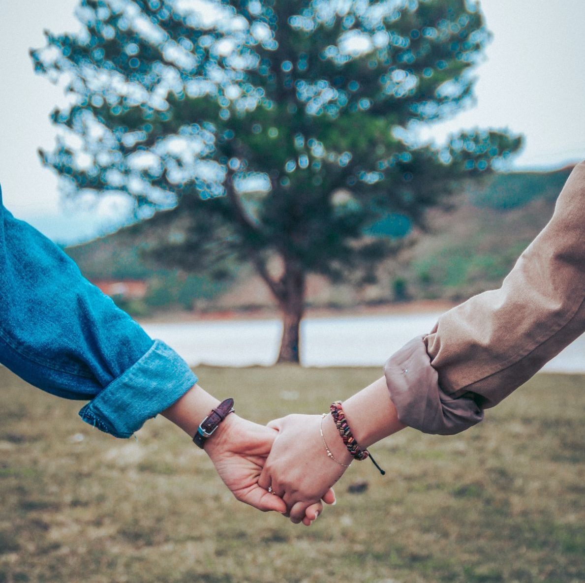 To personer holder hender ute i naturen